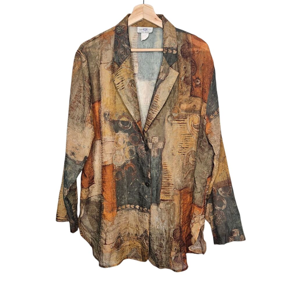 IC by Connie Jacket XXL Crinkle Satin Semi Sheer Multicolor Lagenlook Artsy